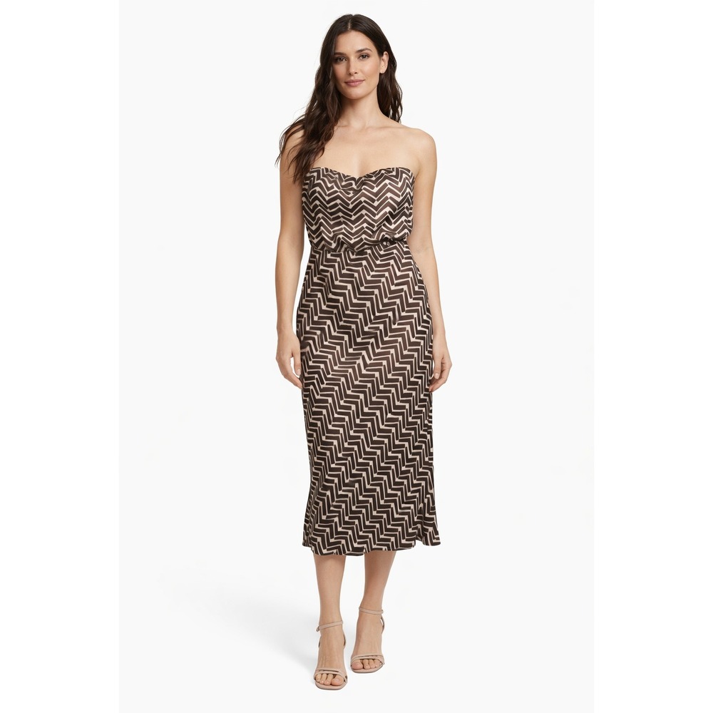 Y2K J.Crew Brown Cream Silk Chevron Strapless Midi Dress Size 6‎